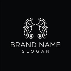 Minimalist seahorse logo, elegant line art of two seahorses facing each other. Represents partnership, harmony, and grace. Ideal for aquatic or relationship-themed brands.