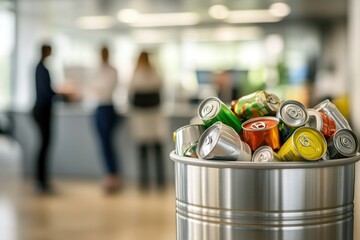 Trash Bin Filled with Colorful Cans in Modern Office Environment with People in Background