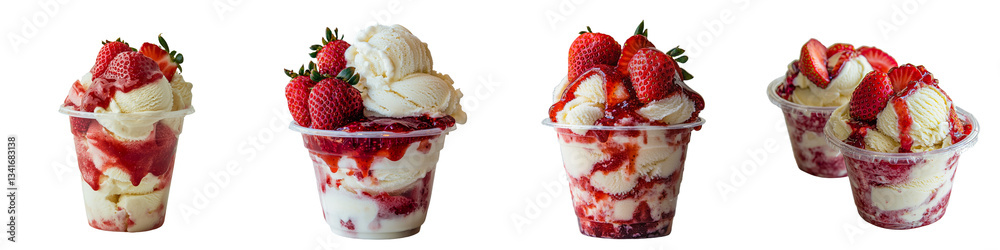 Poster A transparent background isolates a cup of soft serve vanilla ice cream with strawberry sauce in this image made by Generative Ai