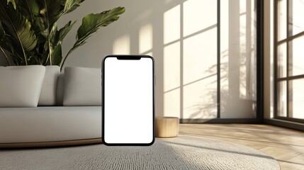 Mobile phone blank white screen mockup in stylish apartment with natural sunlight.