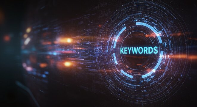 Keywords in Cyberspace: Abstract, futuristic visual representation of keywords as digital data streams and a conceptual core, suitable for technology, business, innovation, and data-driven marketing.