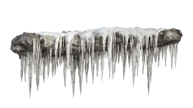 A stone ledge is covered with snow and many icicles