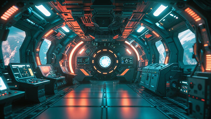 Fototapeta premium Futuristic spaceship bridge with view of planet earth orbiting in space