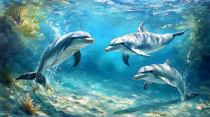 Fototapeta premium Three dolphins gracefully swim in vibrant blue water, enjoying the sunlight filtering through the surface in a playful underwater moment.