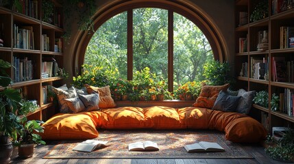 A cozy reading nook with a circular window, filled with lush plants, colorful cushions, and books, inviting relaxation and inspiration. A perfect retreat for readers.