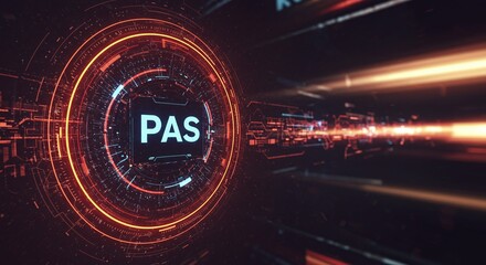 PAS: Software-as-a-Service. The image captures a digital concept, with illuminated text at the center, surrounded by intricate data pathways and technology.