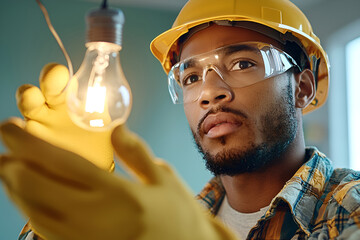 African male young electrician examining light bulb with safety gear