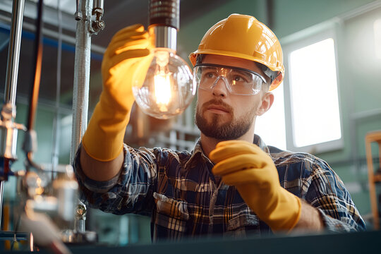 Young caucasian man electrician checking light fixture in workshop