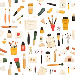 A repeating pattern of art supplies, including paintbrushes, palettes, and sketchbooks.