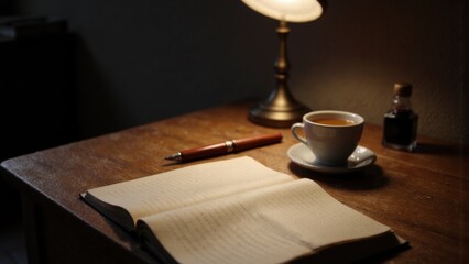 Cozy workspace with open journal, coffee cup, lamp, and fountain pen on wooden table