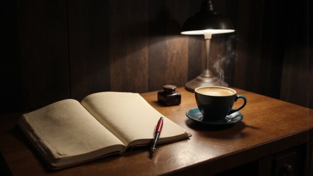 Cozy night desk with open book, pen, and steaming coffee cup under warm lamp light
