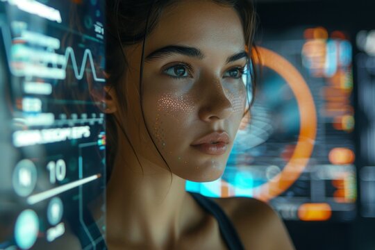 Young woman utilizing interactive display for workout analysis and nutritional suggestions in advanced holographic fitness technology