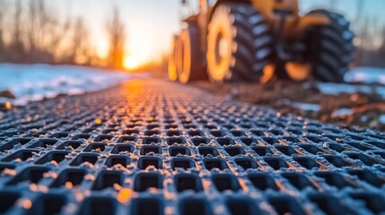 Obraz premium Frozen Grid Path, Tractor at Sunrise