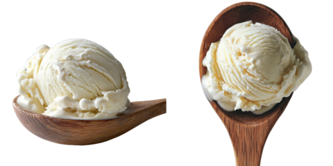 Generative Ai has produced an image of a single scoop of vanilla ice cream resting on a wooden spoon, set against a transparent background