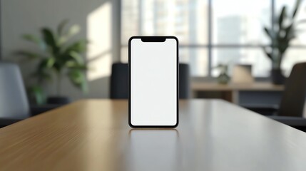 Smartphone blank white screen mockup placed on sleek office table with ergonomic chair.