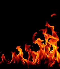 Fototapeta premium Intricate, fiery orange and yellow flames against a stark black backdrop, inferno, illustration