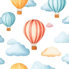A seamless pattern of vintage hot air balloons floating through soft watercolor clouds.
