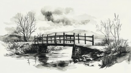 A wooden footbridge crosses a small creek beneath cloudy skies