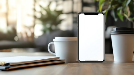 Smartphone blank white screen mockup on modern office desk with coffee cup and notebook.