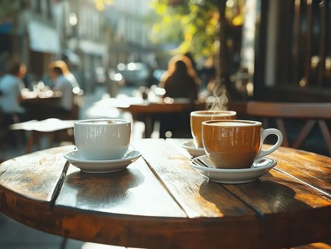  Crowded outdoor café with overlapping conversations, close-up of coffee cups and glasses on wooden table, fingers resting near steaming mugs as gestures animate discussions.