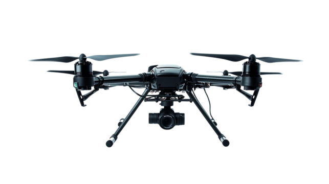 Black drone with attached camera against dark background is shown
