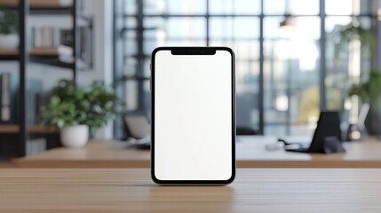 Smartphone blank white screen mockup on coworking space desk with minimalist interior.
