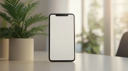Smartphone blank white screen mockup on clean white desk with stylish chair.