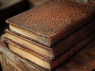 Obraz premium Leather-bound journal with embossed detailing, worn textured cover featuring intricate patterns, catching the light at different angles in an antique setting.