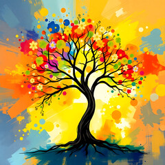 Wallpaper design a bright, vibrant tree of life illustration in abstract art style, creating a lively and energetic abstract background scene art illustration design