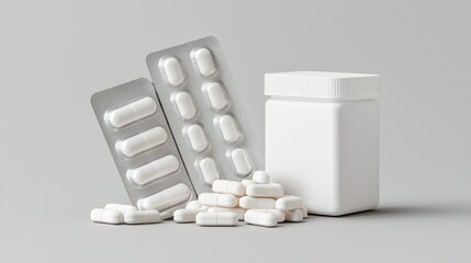 White Medical Pills on Gray Background with Packaging and Bottles