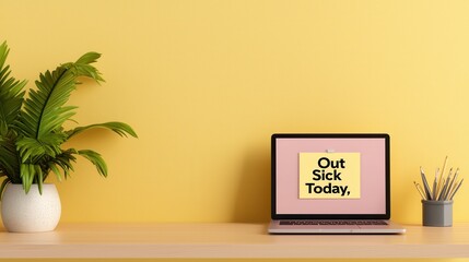 Workspace with Laptop and Sick Note on a Bright Yellow Background