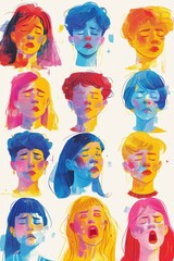 Obraz premium Expressive portrait illustrations showcasing a range of human emotions including happiness, sadness, anger, and surprise in vibrant colors