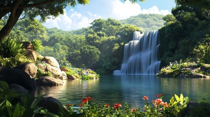 Fototapeta premium Serene Waterfall in Lush Tropical Paradise - Tranquil waterfall cascading into a serene pool, surrounded by vibrant greenery and blooming flowers. Symbolizing peace, nature's beauty, tranquility