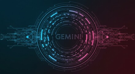 Obraz premium Gemini Tech Abstract: A futuristic depiction of the Gemini zodiac sign, rendered in a vibrant blend of blue and pink neon, against a dark technological backdrop.