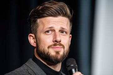 Naklejka premium Podcast voice listener connection. Confident man speaking into a microphone on stage.