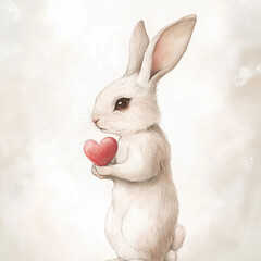Fototapeta premium White rabbit with red heart, greeting card, love concept