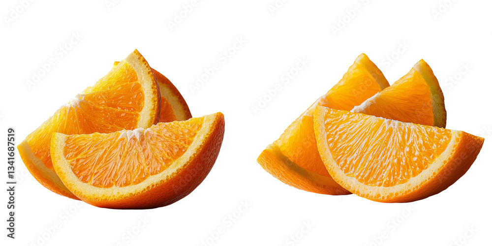 Poster Juicy orange slices are isolated on a transparent background using Generative Ai