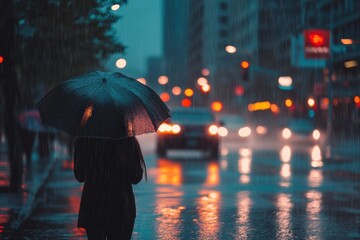a women walking in heavy rain and holding umbrellas