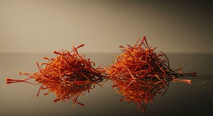 Fototapeta premium Two piles of saffron threads on a reflective surface with a warm, neutral colored background