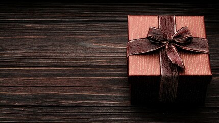 Fototapeta premium Brown Gift Box with Patterned Ribbon on Dark Wood