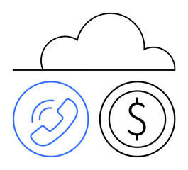 Cloud outline above a blue phone and black dollar icons illustrating technology, communication, and finance. Ideal for business, connectivity, digital services, fintech, cloud solutions, IT flat