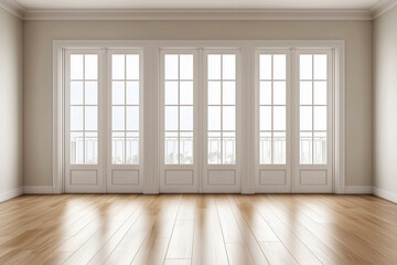 Obraz premium Interior of empty spacious living room with white walls and laminated floor