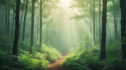 Lush green forest with morning mist and sunlight filtering through the trees.