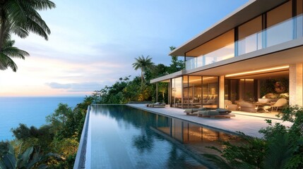 Fototapeta premium Luxury Villa with Infinity Pool Overlooking the Ocean at Tropical Sunset