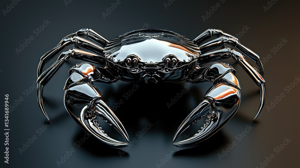 Poster a 3d-rendered crab icon with a shiny, metallic finish for a futuristic look