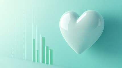 3D Render of a Shiny White Heart with a Mint Green Bar Graph on a Textured Background