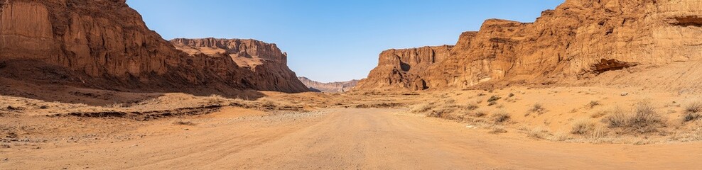 Fototapeta premium A vast desert landscape featuring towering red rock formations under a clear blue sky, showcasing the beauty of arid environments.