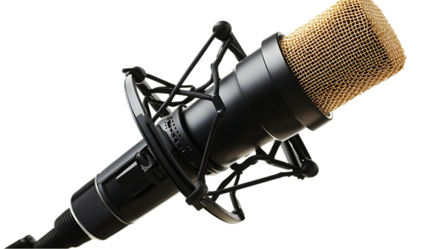 Black studio microphone with a gold mesh front and stand