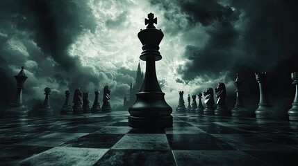 A dark, dramatic chessboard scene with a towering black king chess piece in the foreground. The board is made of glossy, reflective black tiles.