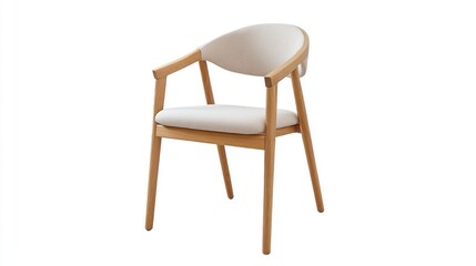 A minimalist Scandinavian-style office chair in natural wood with a soft fabric cushion and sleek armrests.